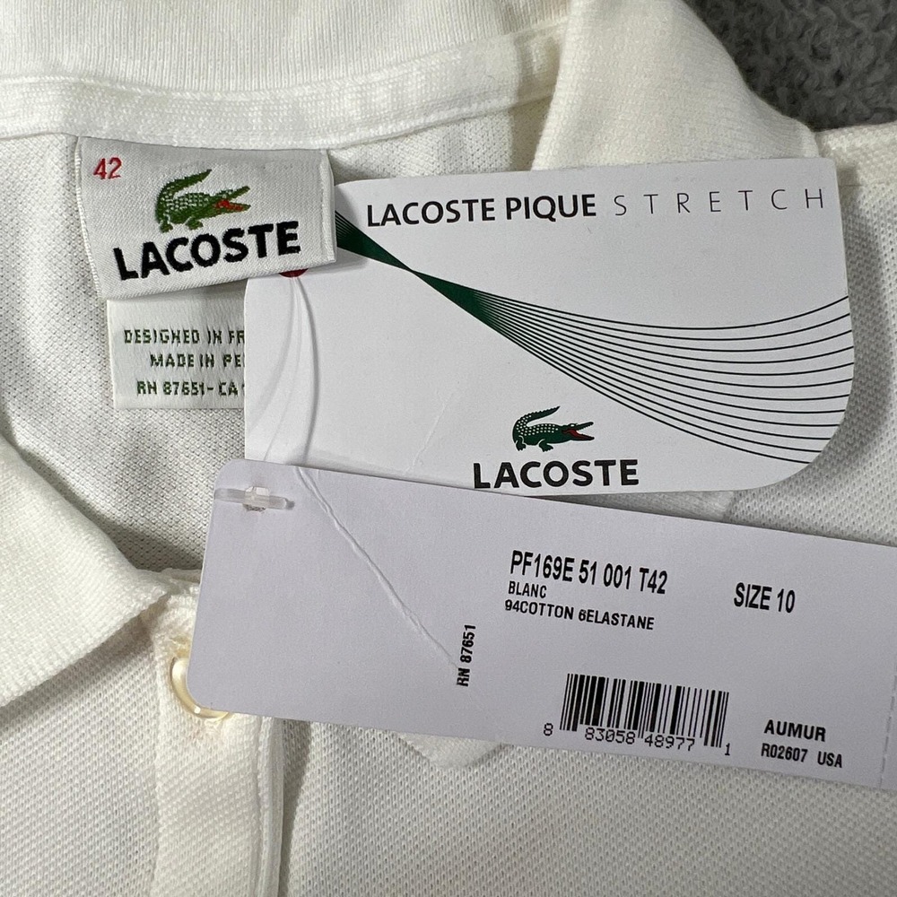 Lacoste Polo Shirt Women L/10 White Pique Stretch Short Sleeve Button Up VTG NWT - Picture 6 of 11